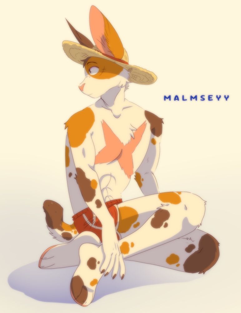 A drawing of an anime character as a furry. He's sitting with his hand resting on his ankle, and lookigg off to the side. His hat is leaving a harsh shadow over his face.