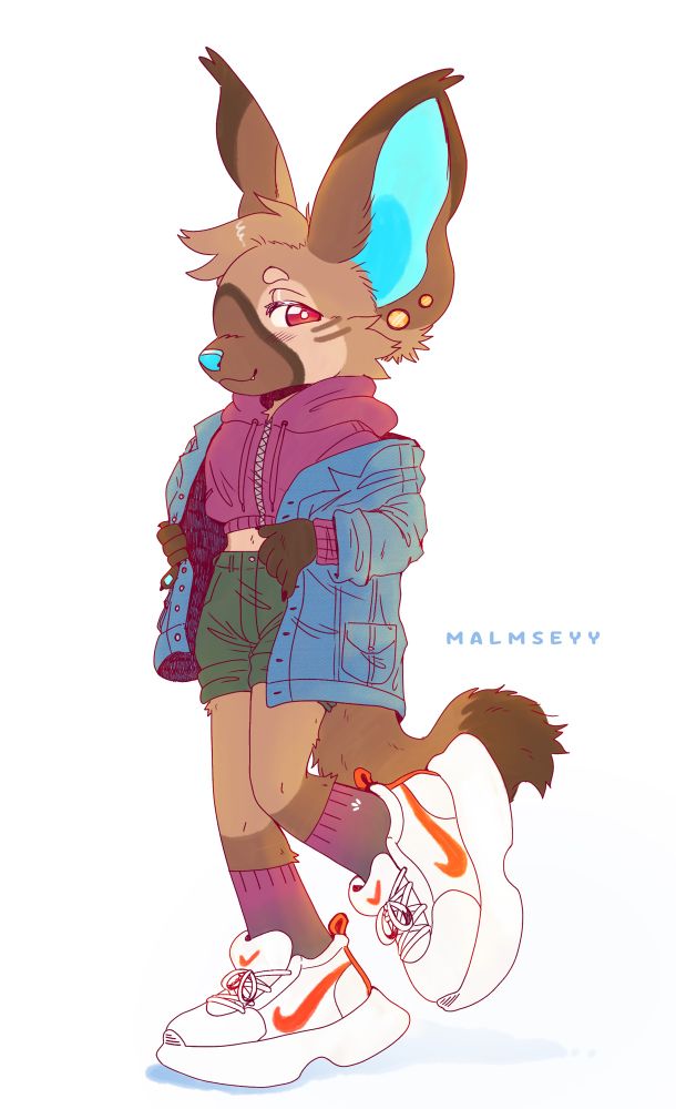 A furry character is standing with their Jean jacket falling off a shoulder. 