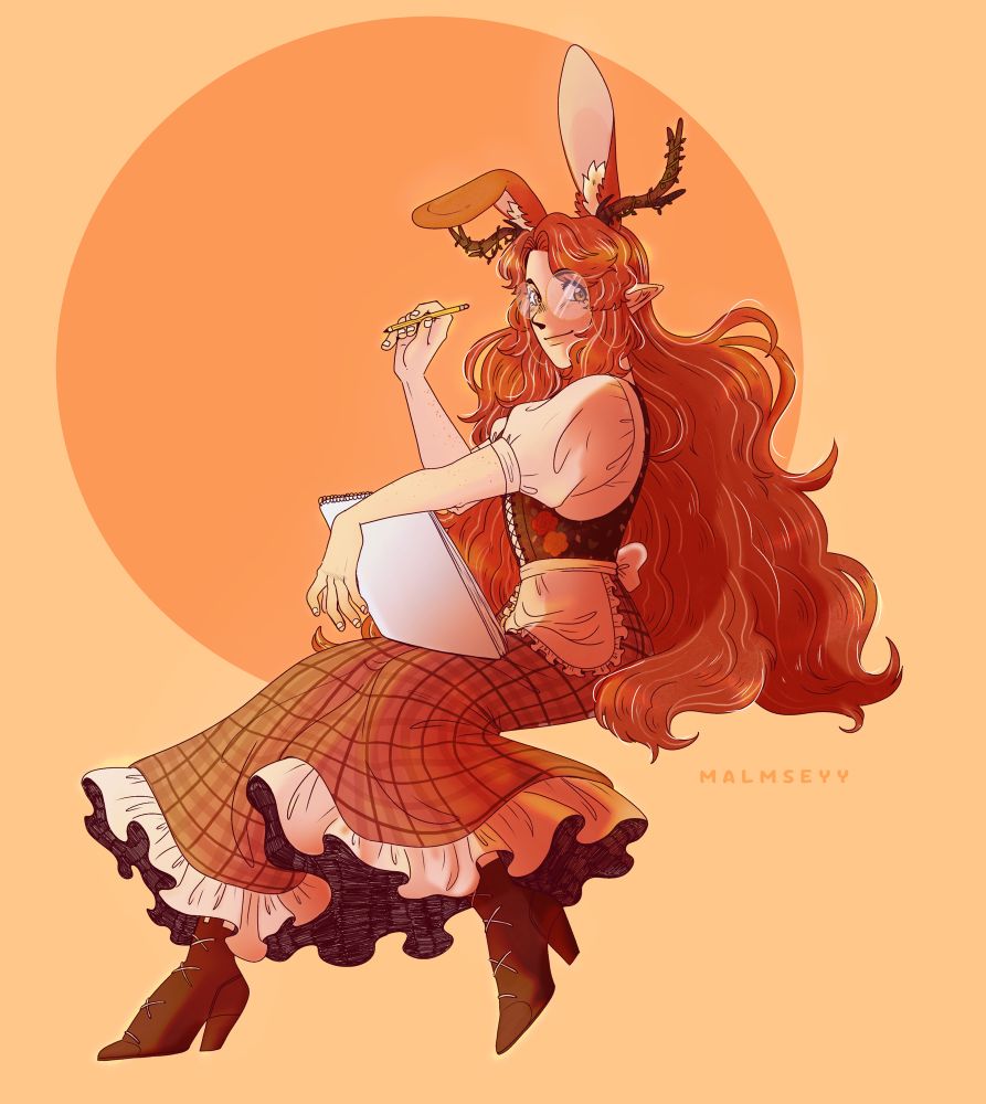 A drawing of a character sitting, while looking over at viewer with a soft smile. They are holding a sketchbook with one hand in their lap, and their other hand is raised holding a pencil.