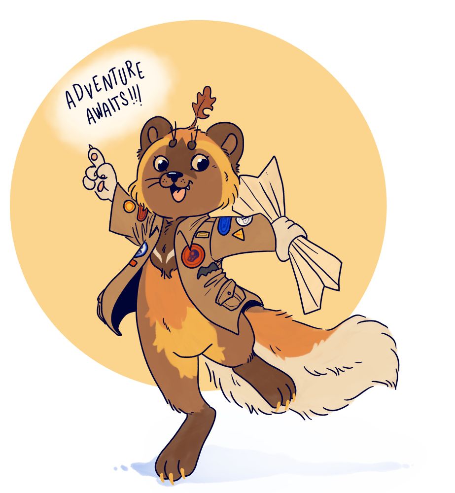 A furry character in the style of Richard Scarry's busy town is point up with one hand while holding a map in the other hand and saying "adventure awaits!" 