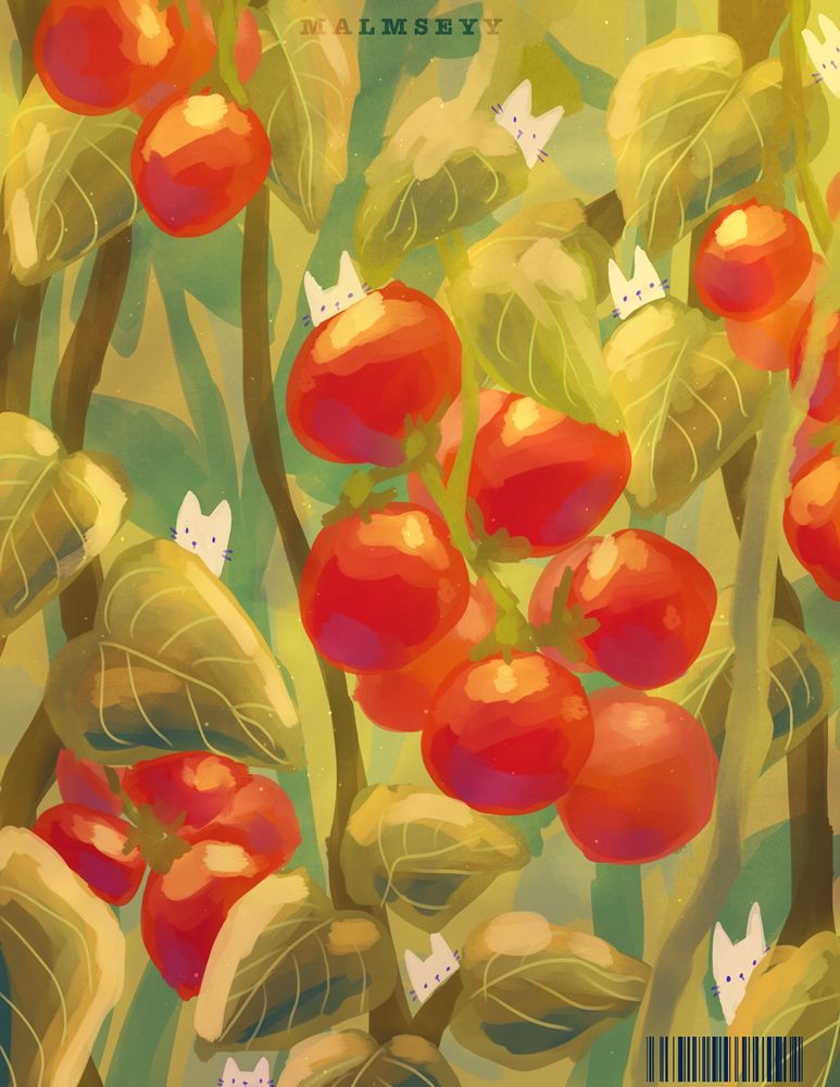 A digital painting of tomatoes. The lighting is bright and warm, and you can spot many little cat fellas hiding around.