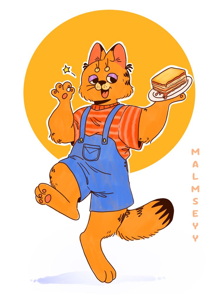 Garfield in the style of Richard Scarry's busy town. He is holding lasagna in one hand and putting up an ok sign with the other hand. 