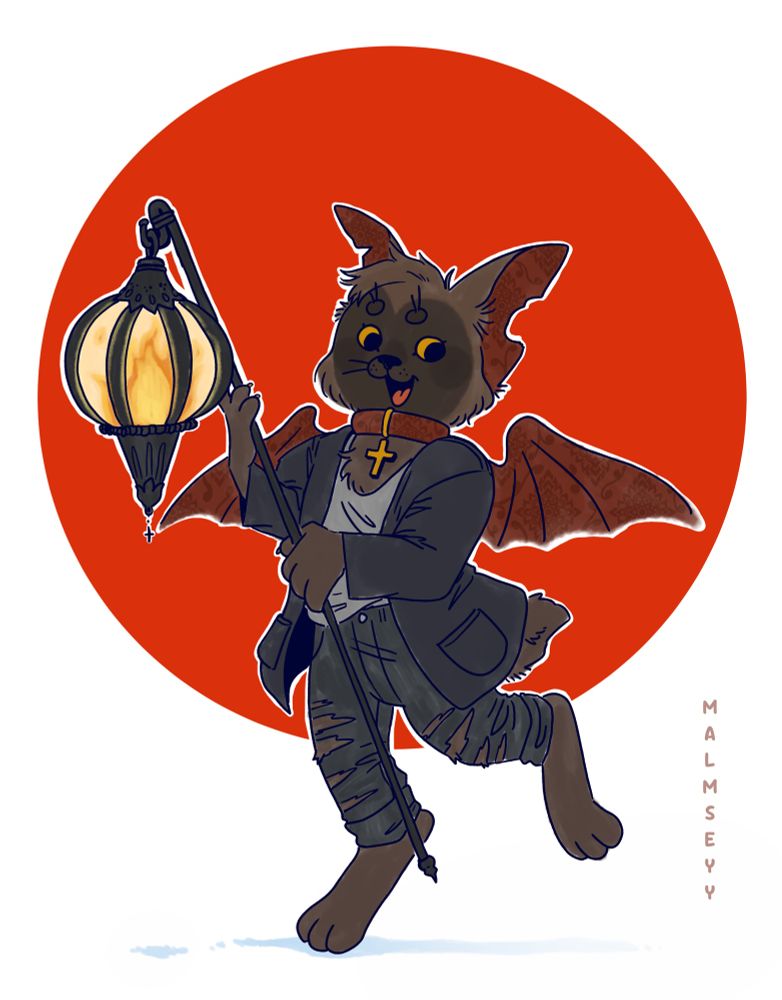 A furry character in the style of Richard Scarry's busy town is holding a hanging lantern. 