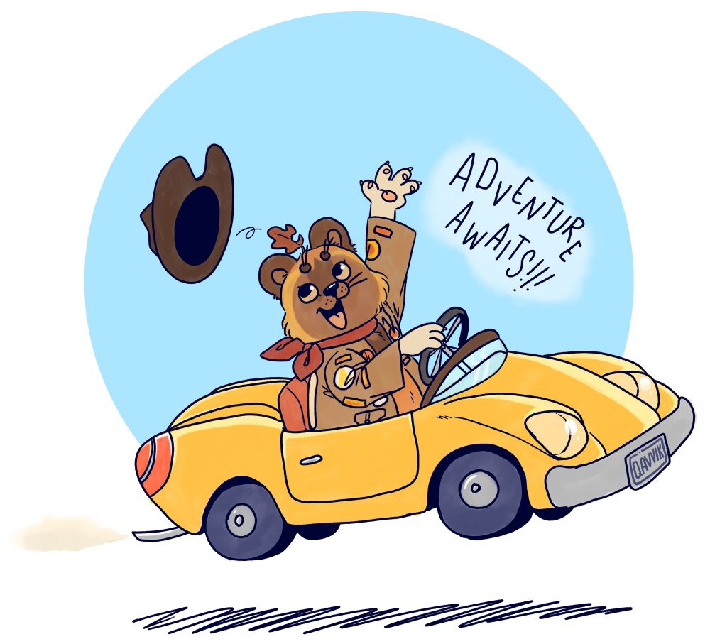 A furry character is in a little yellow car with their hat flying off their head, as they have their hand up and say "adventure awaits!" 