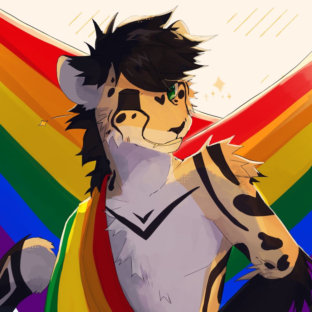 Cinna with Pride flag draped over one shoulder. They are smiling and winking.