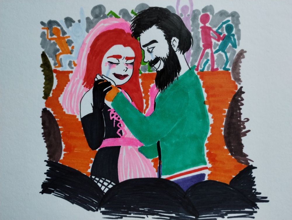 The Bride and Rasputin, two reoccurring coaches from the Just Dance series, reconciling at a party.