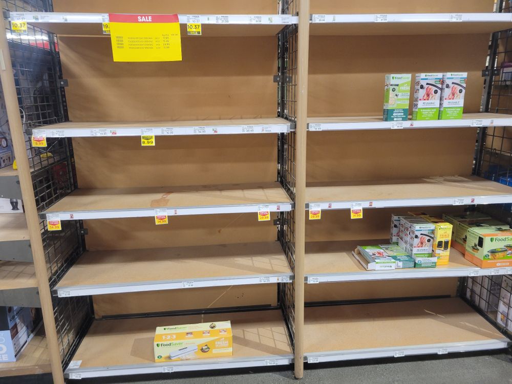 A store shelf of vacuum sealing supplies, except there are basically none left.