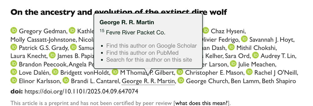 author list with George R. R. Martin highlighted. he's towards the back where you usually put the people who contributed but are unlikely to actually do anything in the writing of the paper.