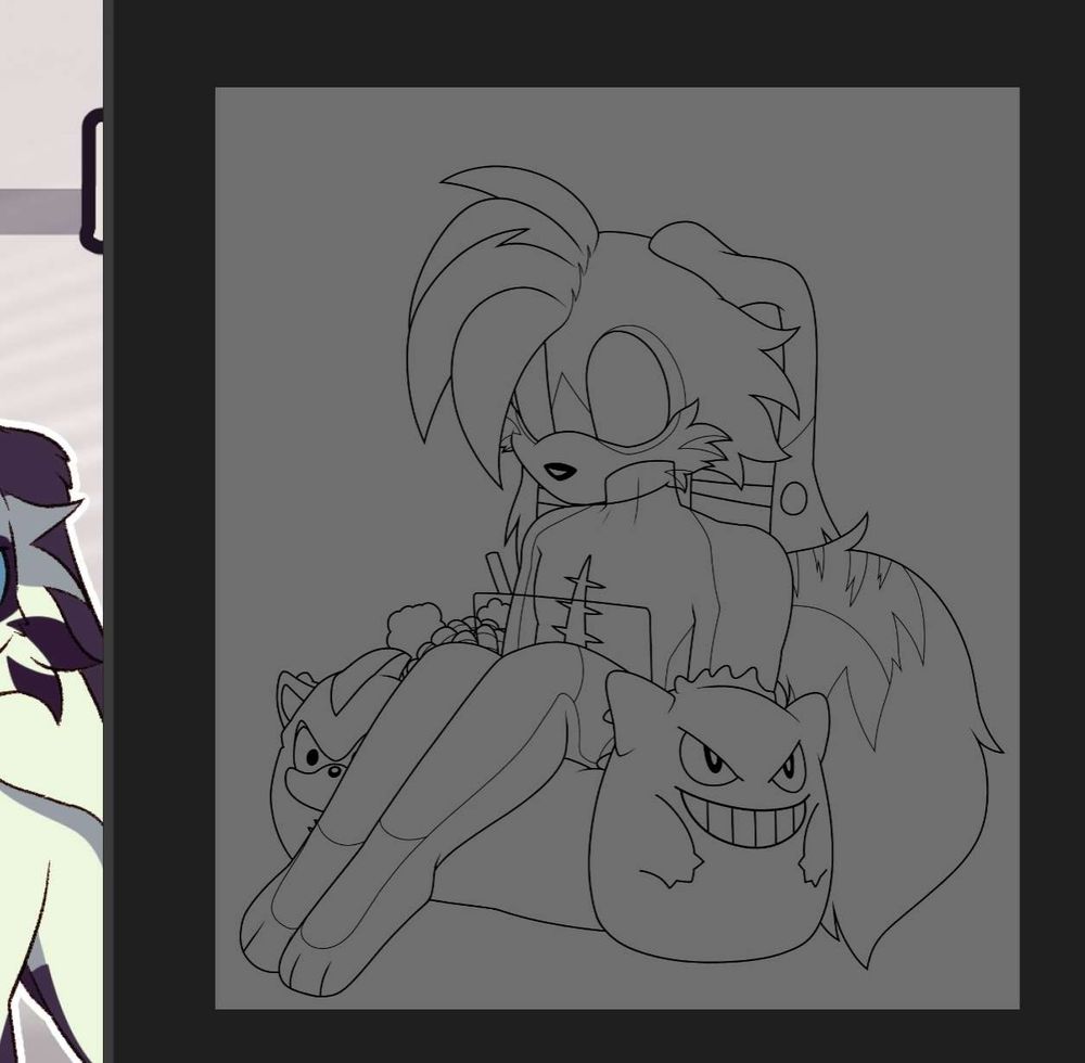A kinda creepy version of NightIIVGales sona Gale the Cabbit, sitting on a beanbag chair with a gengar, shadow, and unknown character squishmellow. The creepy part is the lack of mouth and irises in the eyes, which will be added later when giving the character multiple expressions to switch between.