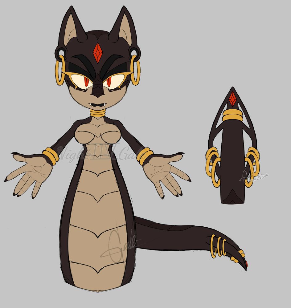 Eclipse, a dark brown red Naga like creature covered in rings. She has golden eyelashes, large fangs, darker armored scales, and a bright red gem in the middle of her forehead that matches her irises.