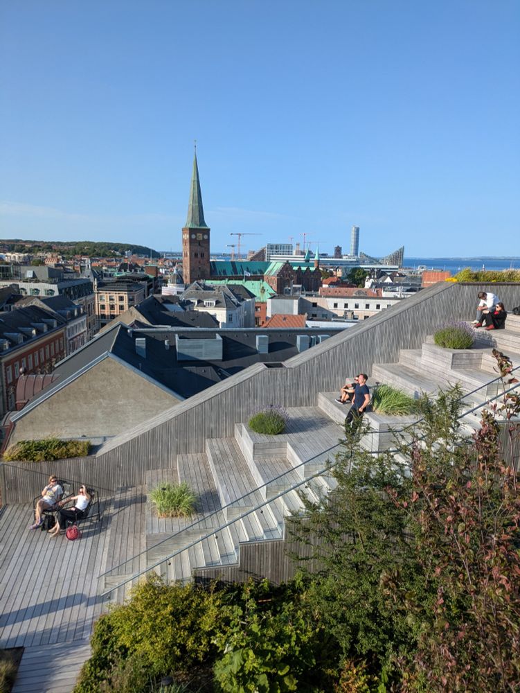 View over central Aarhus from a rooftop garden.
