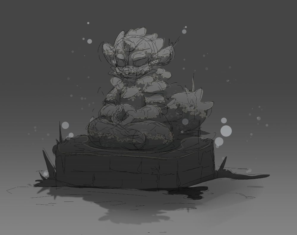 greyscale sketch of a character design depicting an anthropomorphic komainu resting on a stone platform