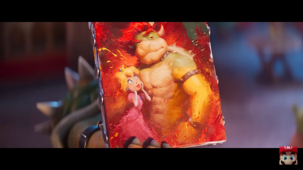 Screenshot from trailer for the Super Mario Galaxy Movie

Bowser holds up a painting of himself and Peach. In the painting, Bowser has greatly sexualized himself.