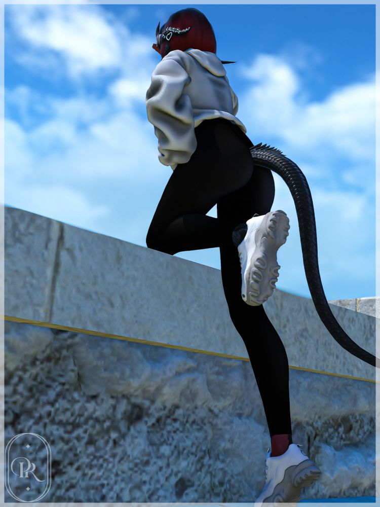 Mera, in a running outfit, leans over a low stone wall, looking out in the distance.