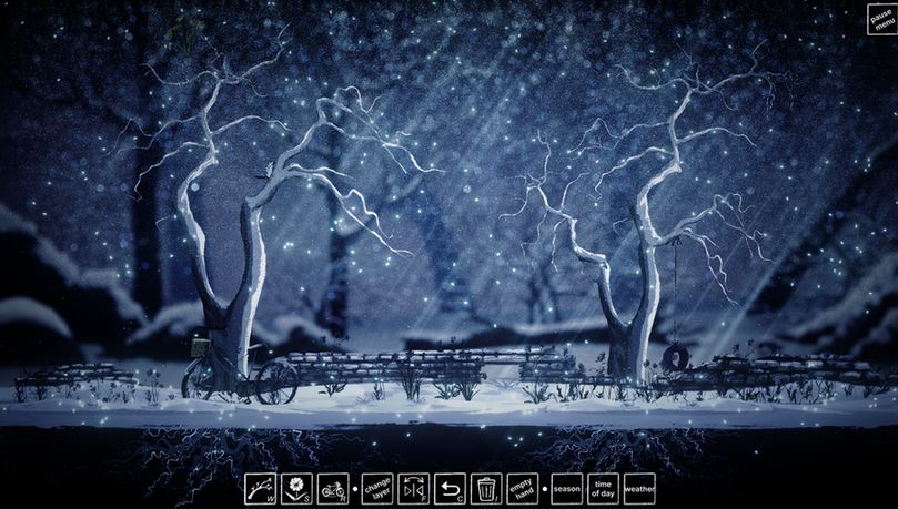 Screenshot of a winter scene featuring snow and two bare trees.