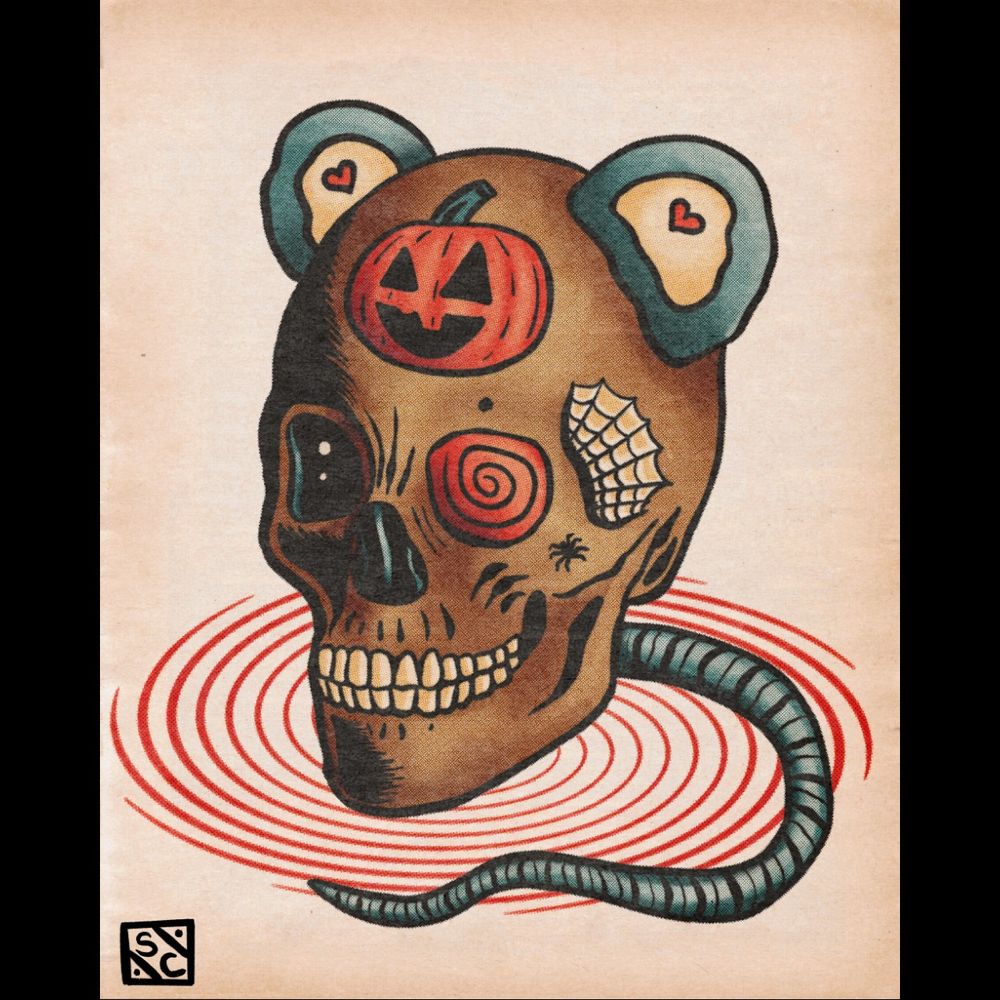 A skull type thing with mouse ears and a rat tail. It also has a pumpkin on its forhead.