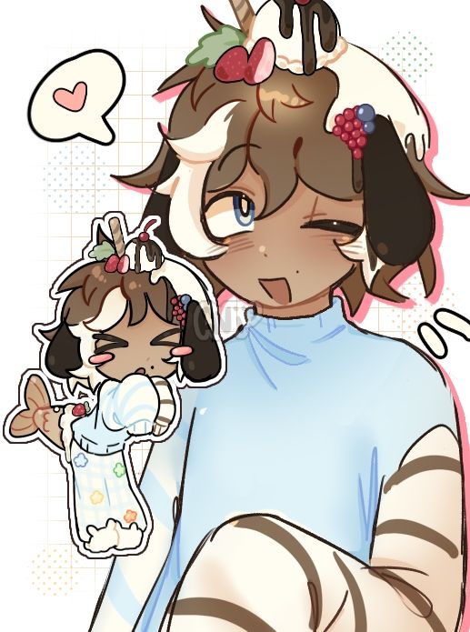 brown puppy boy with ice cream on his head and a blue sweater. a chibi on the left of the same character