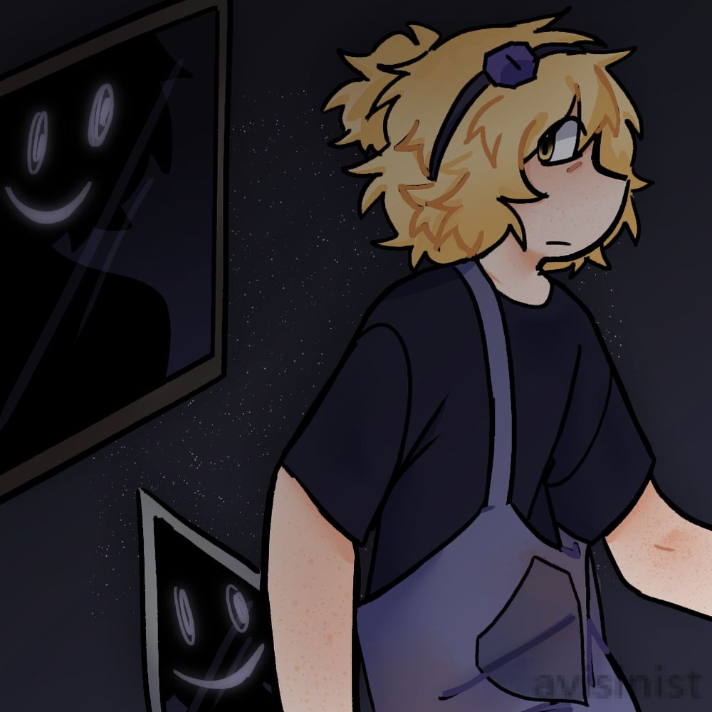 a blond-haired boy walking from dark figures of himself in mirrors smiling at him.