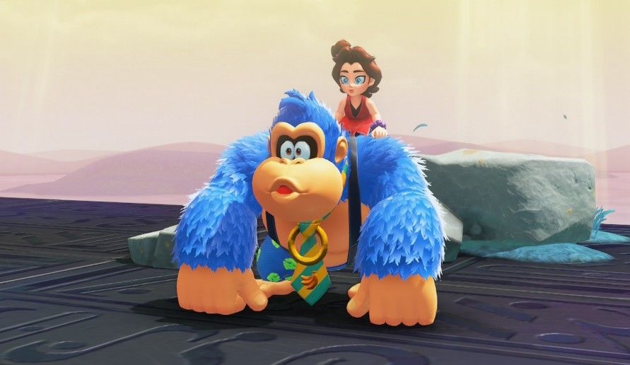 Blue donkey Kong with a ring around his tie. 