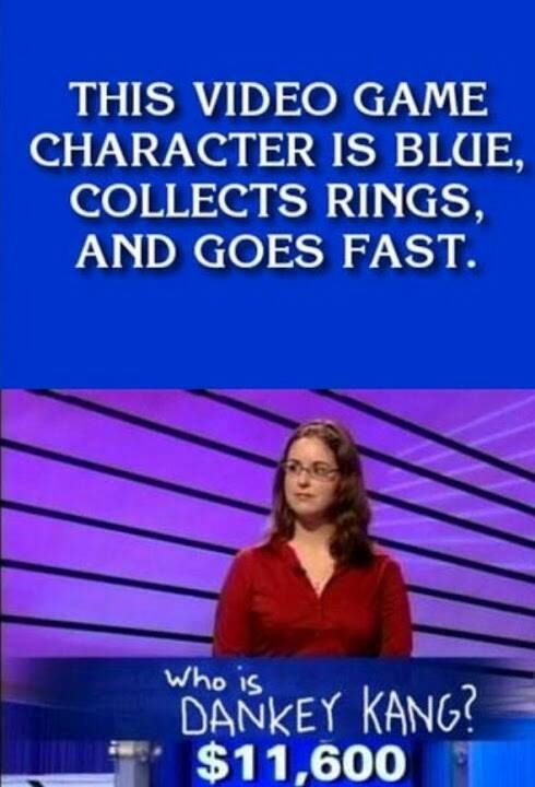 An image of a jeopardy game where the woman responds to a question about a blue character that collects rings with "Dankey Kang"