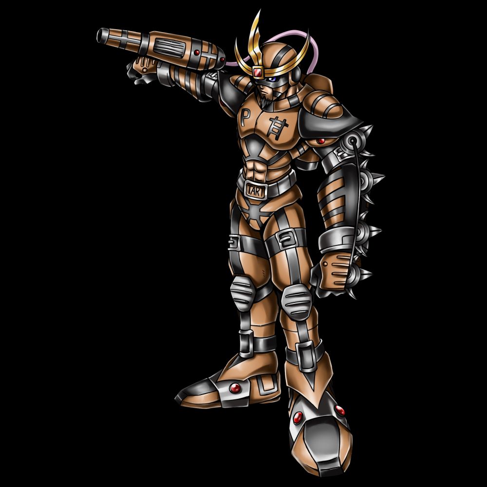 Tajimamorimon Human Spirit of Pastries, The P symbol on his chest means Poptartmon, this 甘 is kanji for sweet!!!

His name comes from Tajimamori, who is enshrined as the god of sweets in Nakashima Shrine in Hyōgo Prefecture, and through bunrei at various other shrines throughout the nation. 

Bunrei (分霊) refers to the ritualistic division and re-enshrinement of a kami's spirit. This process allows a kami to be worshipped in multiple locations simultaneously, often to make the deity more accessible to different communities. The bunrei spirit functions the same as the original, and the act does not diminish the kami's power.