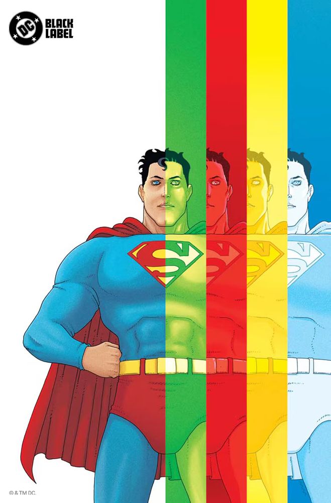 the cover of the comic, featuring Superman being cut up into different versions by different colours! :0