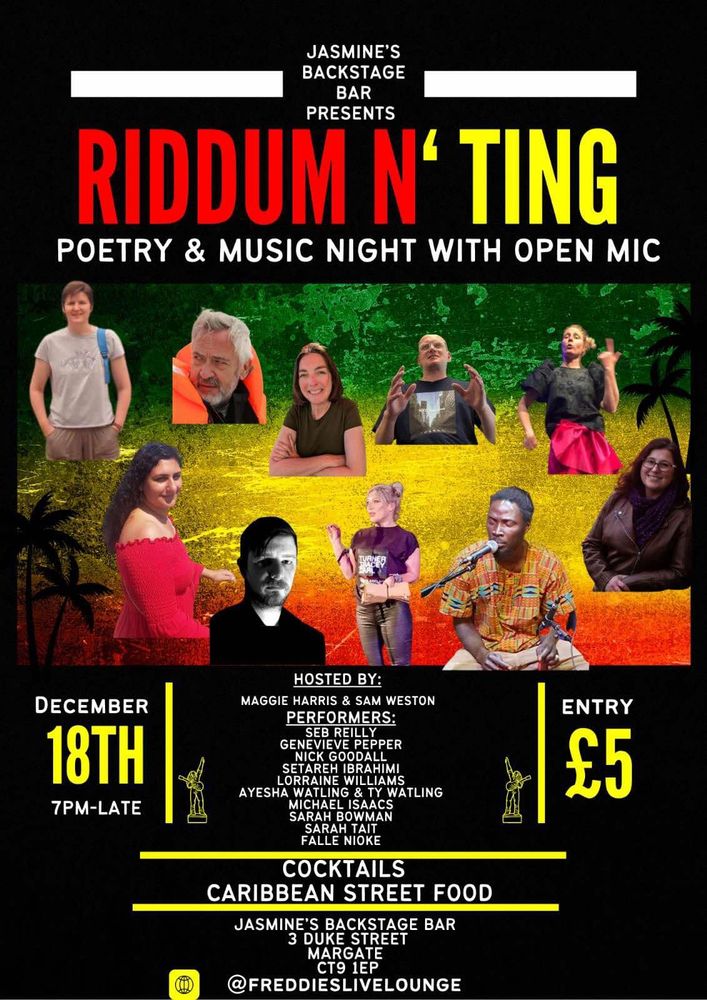 Riddum n Ting event poster. Poetry and music night, 18 December at Jasmine's Back Street Bar, Margate.