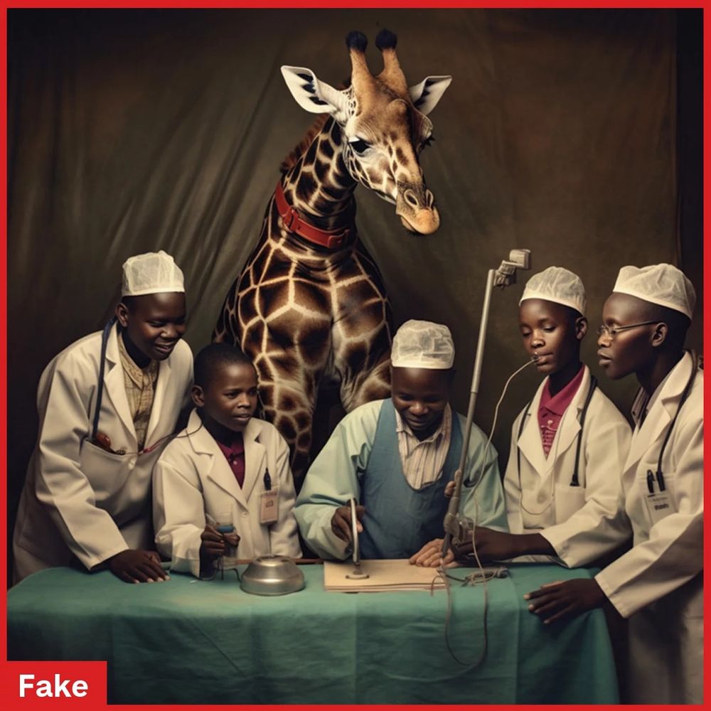 This image is fake. Researchers generated it with the artificial intelligence program Midjourney in response to a request for: Doctors help children in Africa, in the style of photojournalism. It depicts three Black men and two Black youths in white coats looking at a stack of paper on a table. A giraffe is standing next to the people.