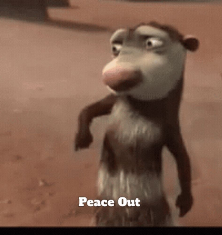 a cartoon opossum is standing in the dirt with the words peace out below him