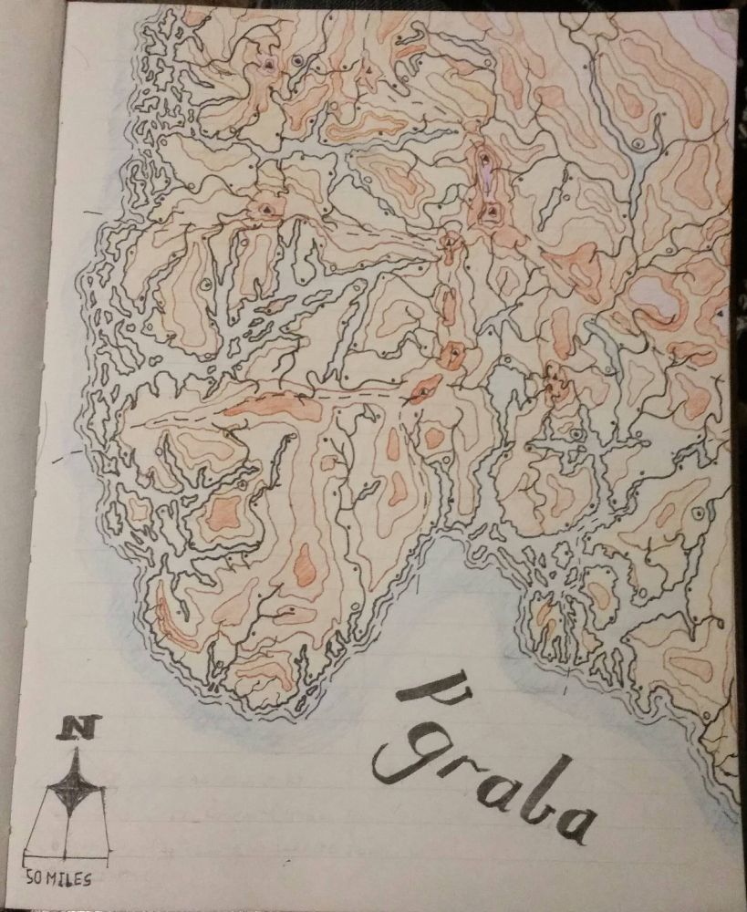 Hand drawn fantasy contour map based largely on Norwegian geography.