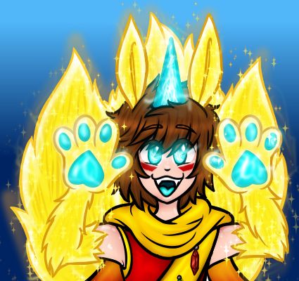Sparky Summers, hood down, showing off their paws to the camera with a huge smile on their face. Their paws, eyes, and horn are glowing a much brighter blue than normal.