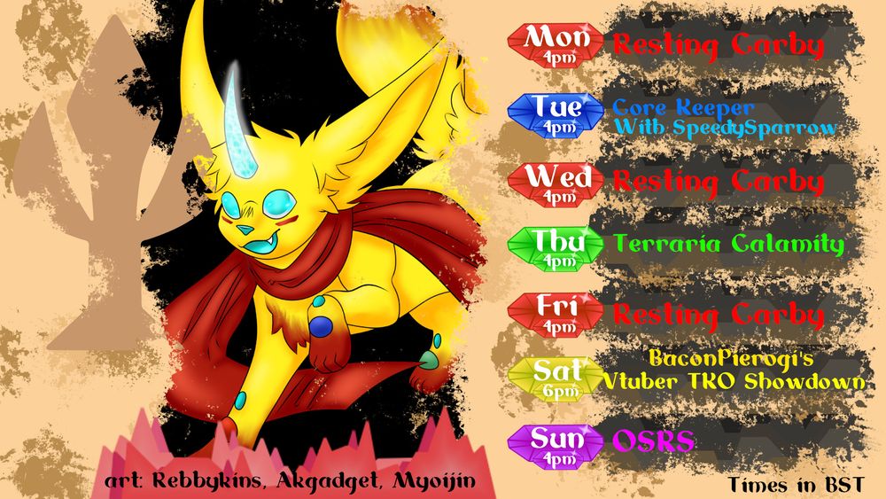 Sparky Summers' stream schedule

Tuesday 4pm - Core Keeper with SpeedySparrow

Thursday 4pm - Terraria Calamity

Saturday 6pm - BaconPierogi's Vtuber TKO Showdown

Sunday 4pm - OSRS
