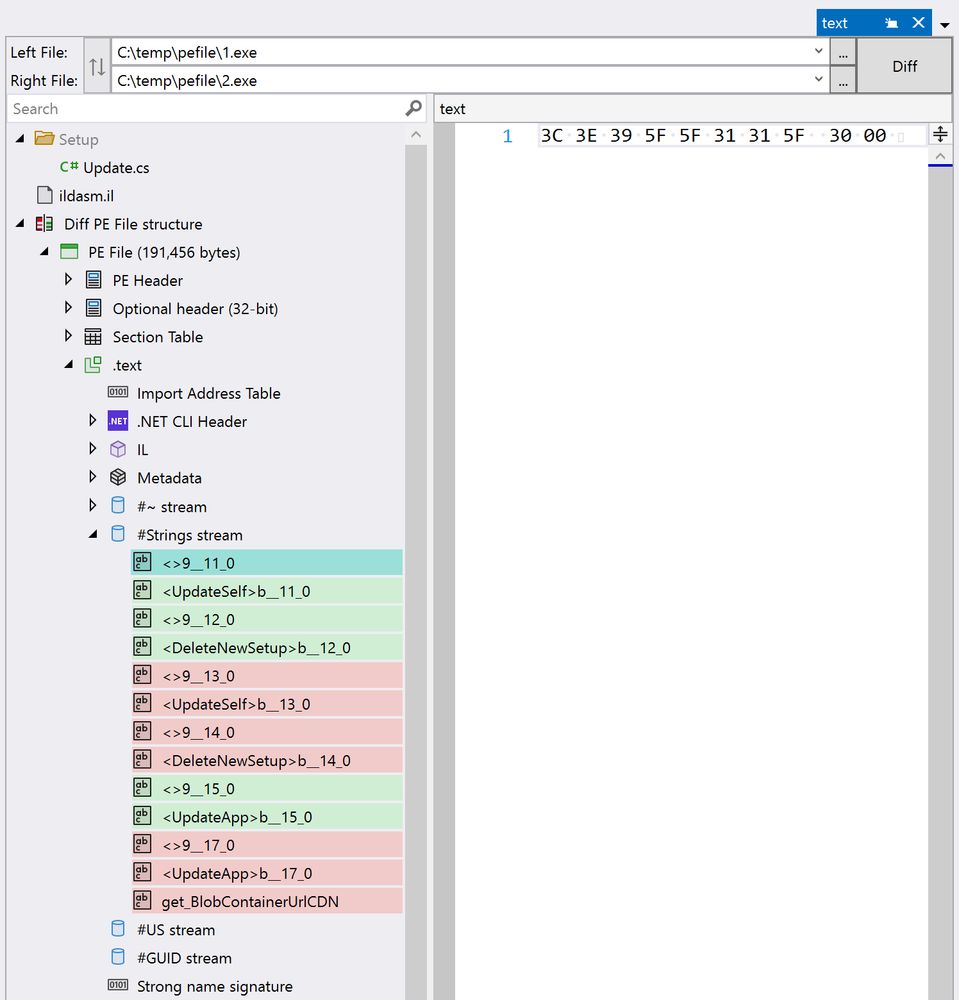 Screenshot of an assembly diff tool, the tree on the left shows the PE file structure and metadata, hex editor on the right shows changed bytes.