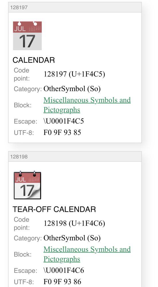 Unicode character U+1F4C5 is a calendar showing July 17