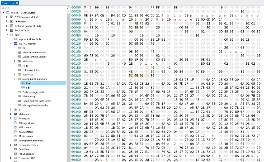 Screenshot of a hex editor with a PE file open, on the left there's a tree with the headers, sections and other parts of the file format. On the right there's a typical table of bytes in hex.