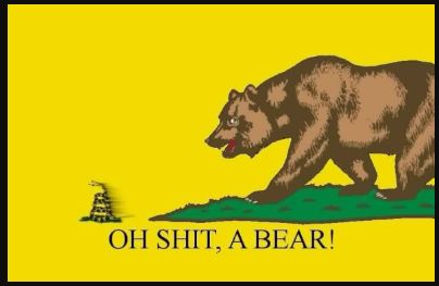The snake from the Gadsden flag fleeing from the bear from the way more hyphy California Republic flag captioned 