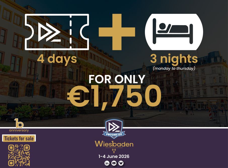 Offer for PSConfEU 2026: 4-day conference + 3 hotel nights (Mon–Thu) at Dorint Pallas Wiesbaden for €1,750 (save €400). Visual shows icons for ticket and bed, with text "FOR ONLY €1,750". Background: Wiesbaden city. Includes PSConfEU logo, 10th anniversary badge, QR code, and dates: 1–4 June 2026.