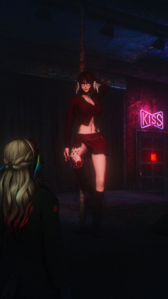 A female AuRa pole dancing on a stage for another female AuRa, who is watching her dance. 