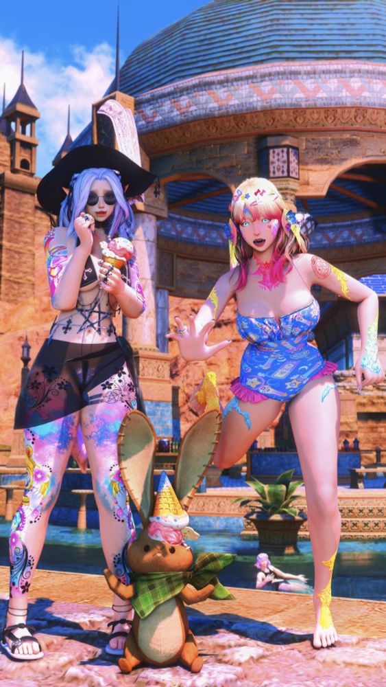A female AuRa tripping and dropping her icecream cone on her bunny plush. A female Miqo'te next to her is trying her best not to laugh.