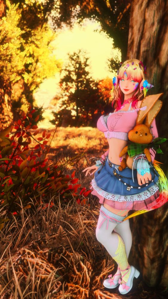 A female AuRa leaning on a tree. She is holding a bunny plush. 