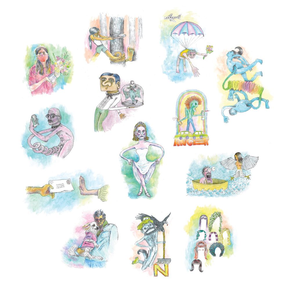 13 watercolor drawings by Yoni Wolf, each attributed to a song on the album WHY? - "The Well I Fell Into (Demos)"