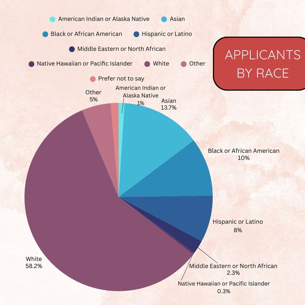 Pie chart breaking down applications by race:

Black or African American: 10%
Hispanic or Latino: 8%
Middle Eastern or North African: 2.3%
Native Hawaiian or Pacific Islander: 0.3%
White: 58.2%
Other: 5%
American Indian or Alaska Native: 1%
Asian: 13.7% 