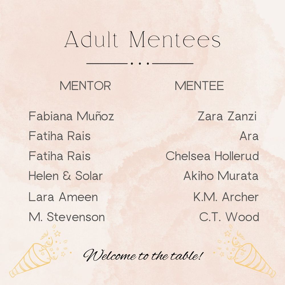 Fabiana Muñoz is mentoring Zara Zanzi.
Fatiha Rais is mentoring Ara and Chelsea Hollerud.
Helen Z. Dong & Solar Hoàng are mentoring Akiho Murata.
Lara Ameen is mentoring K.M. Archer.
M. Stevenson is mentoring C.T. Wood.
