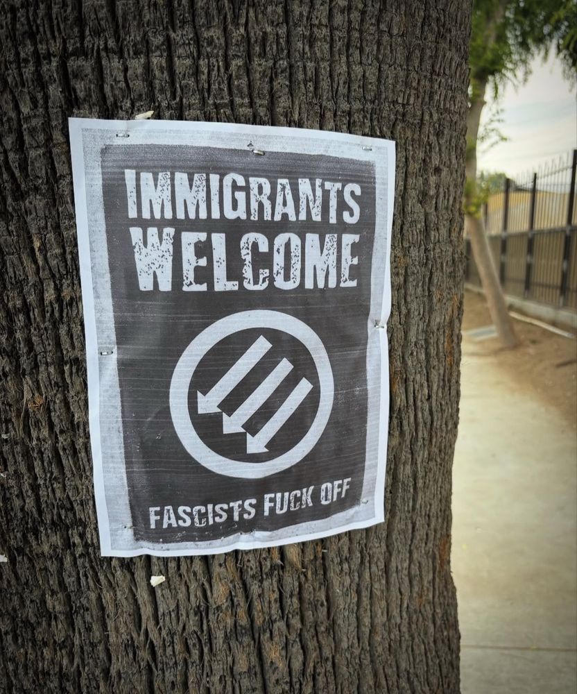 Poster on tree: “Immigrants Welcome. Fascists fuck off” with Iron Front logo