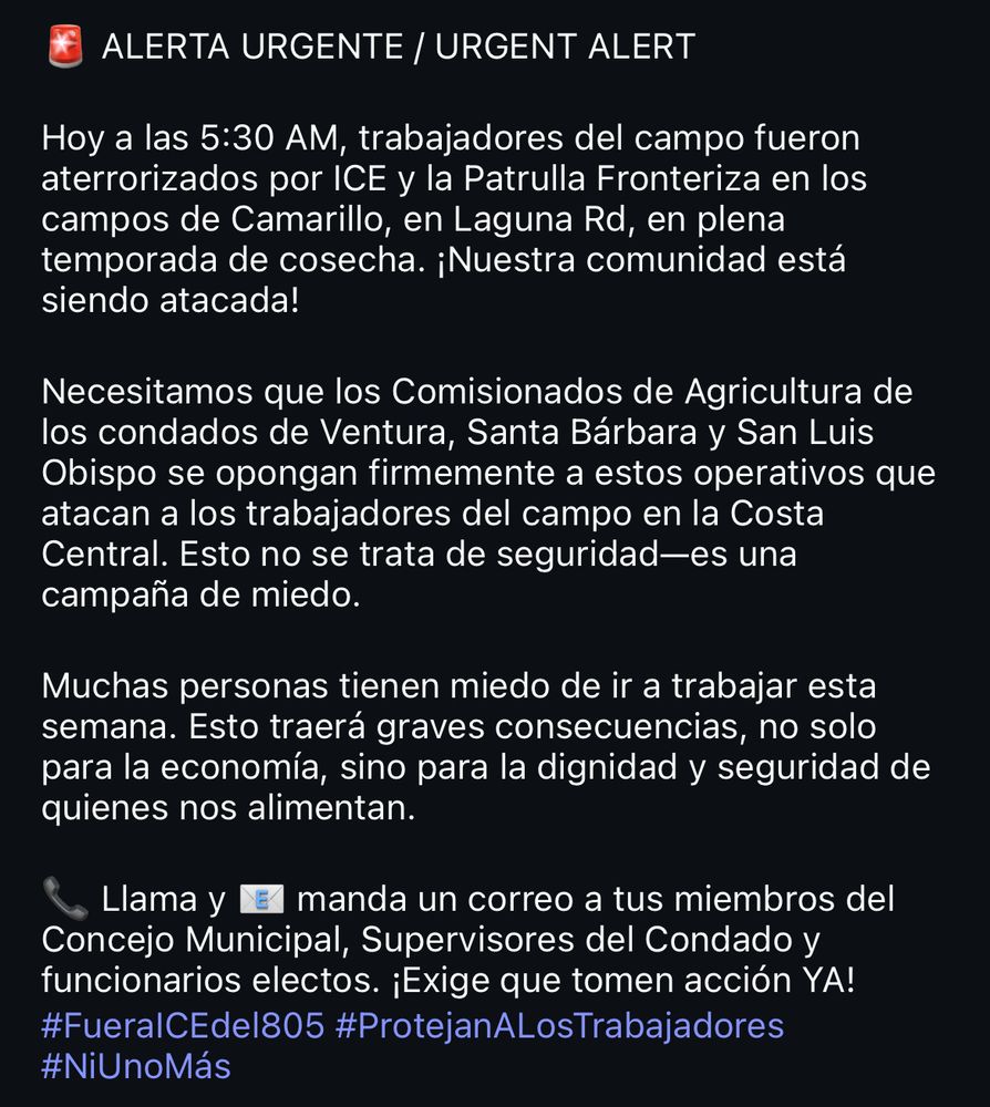 € ALERTA URGENTE / URGENT ALERT
Hoy a las 5:30 AM, trabajadores del campo fueron aterrorizados por ICE y la Patrulla Fronteriza en los campos de Camarillo, en Laguna Rd, en plena temporada de cosecha. ¡Nuestra comunidad está
siendo atacada!
Necesitamos que los Comisionados de Agricultura de los condados de Ventura, Santa Bárbara y San Luis Obispo se opongan firmemente a estos operativos que atacan a los trabajadores del campo en la Costa Central. Esto no se trata de seguridad—es una campaña de miedo.
Muchas personas tienen miedo de ir a trabajar esta semana. Esto traerá graves consecuencias, no solo para la economía, sino para la dignidad y seguridad de quienes nos alimentan.
Llama y
manda un correo a tus miembros del
Concejo Municipal, Supervisores del Condado y funcionarios electos. ¡Exige que tomen acción YA!