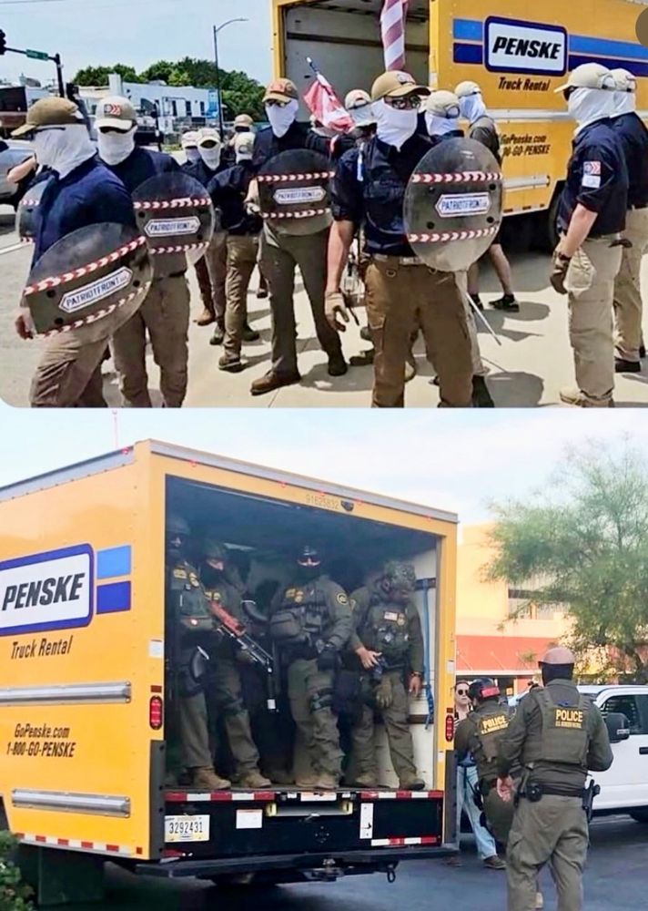 Top pic: Patriot Front Nazis getting out of yellow Penske rental truck. Bottom pic: ICE agents getting out of yellow Penske rental truck