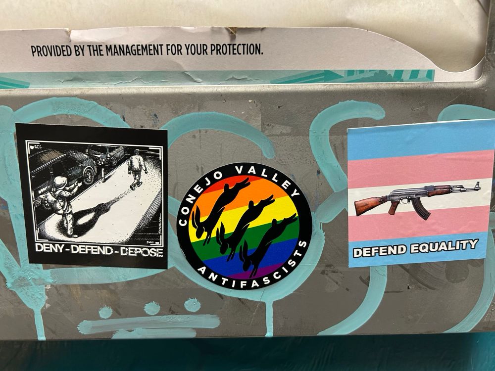 Stickers on bathroom dispenser. 1. Deny-Defend-Depose 2. Conejo Valley Antifascists logo w Pride colors. 3. Image of assault rifle over Trans flag with the words “Defend Equality.”