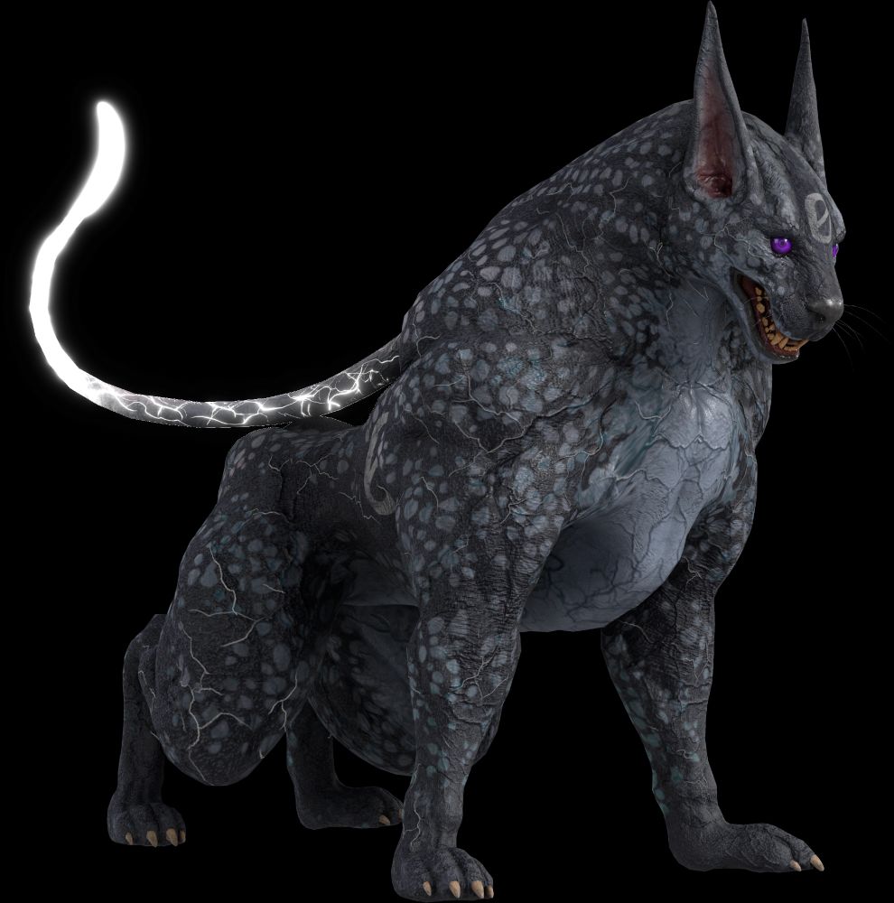 Test 0 - a massively muscular/venous canine with gray-speckled skin and no fur. It has a single glowing whip-like appendage protroduing from its back. Its eyes are deep purple, and it has a stroked-0 tattoed on its forehead. Its teeth are bared.