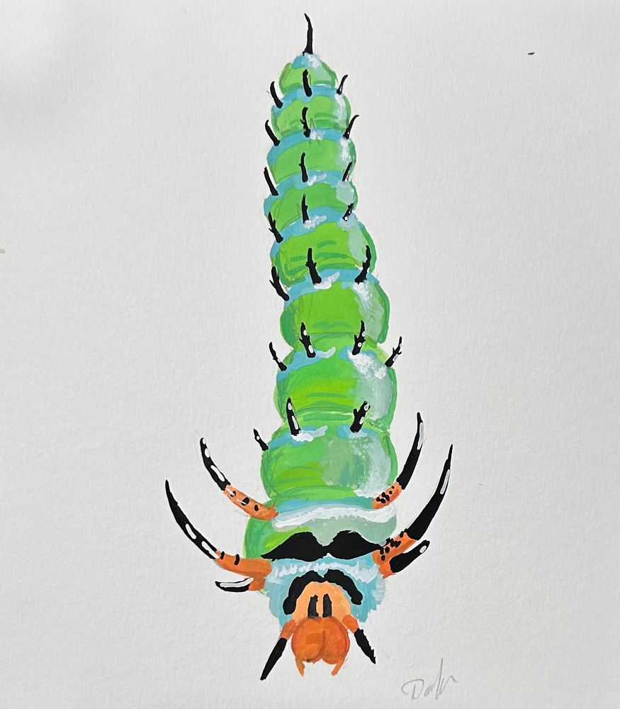 A colorful gouache painting of a real caterpillar: the teal and orange progeny of regal moths. Despite being brightly colored and super spiky, neither adult nor young are venomous. They just look scary. 