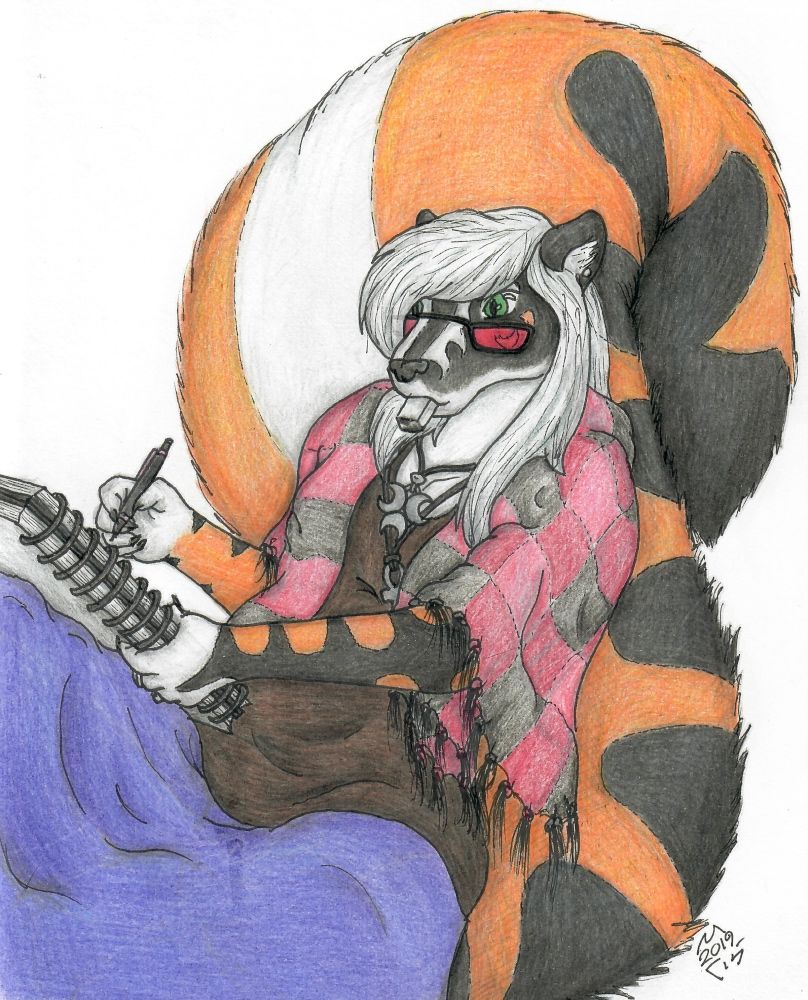 Colour pencil drawing of Sura in some cozycore while drawing, and an eraser in their mouth.